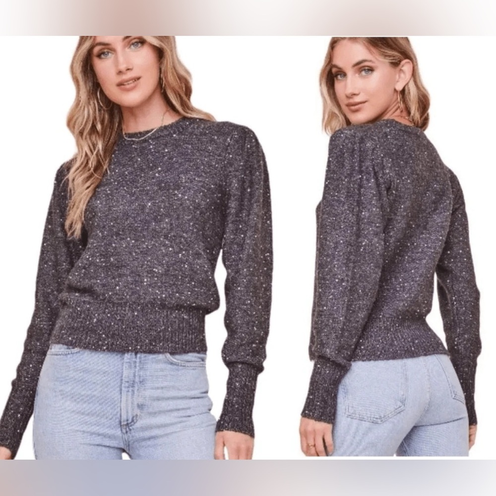 ASTR the Label Dorothy Puff Sleeve Navy Blue Multicolor Marled Sweater Size‎ XS